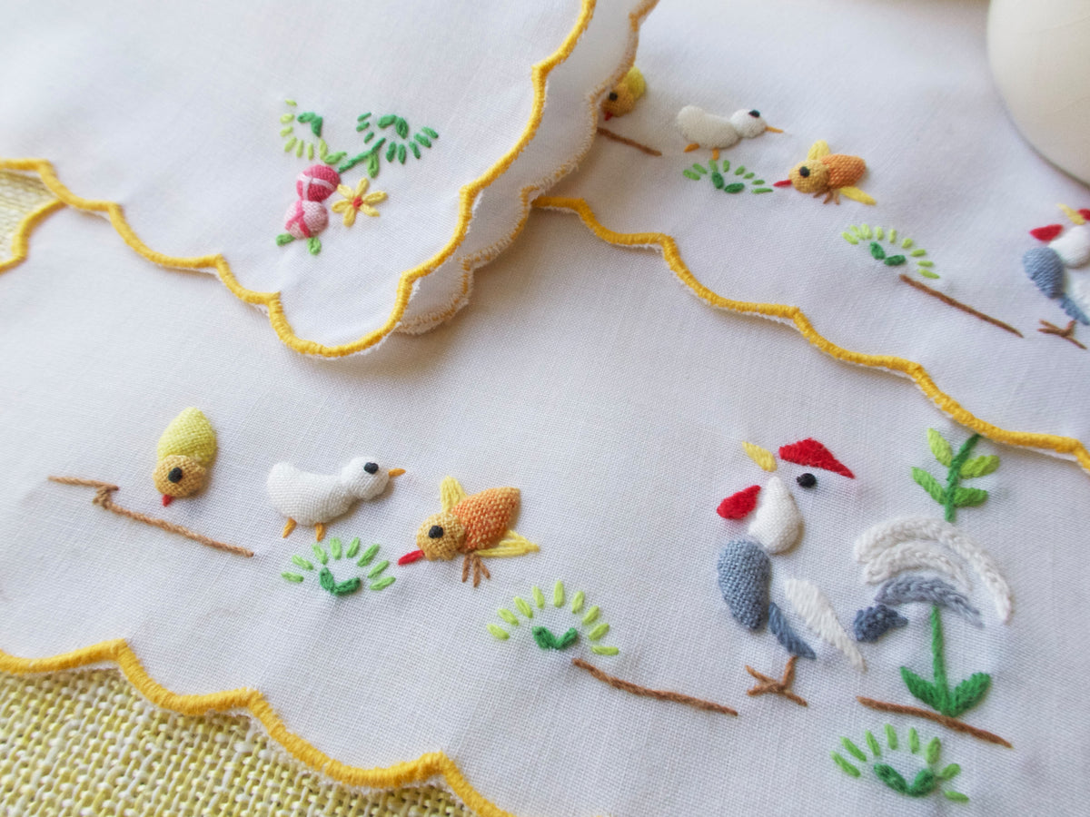 Baby Chicks Vintage Hand Embroidered Cocktail Napkins, Set of 6