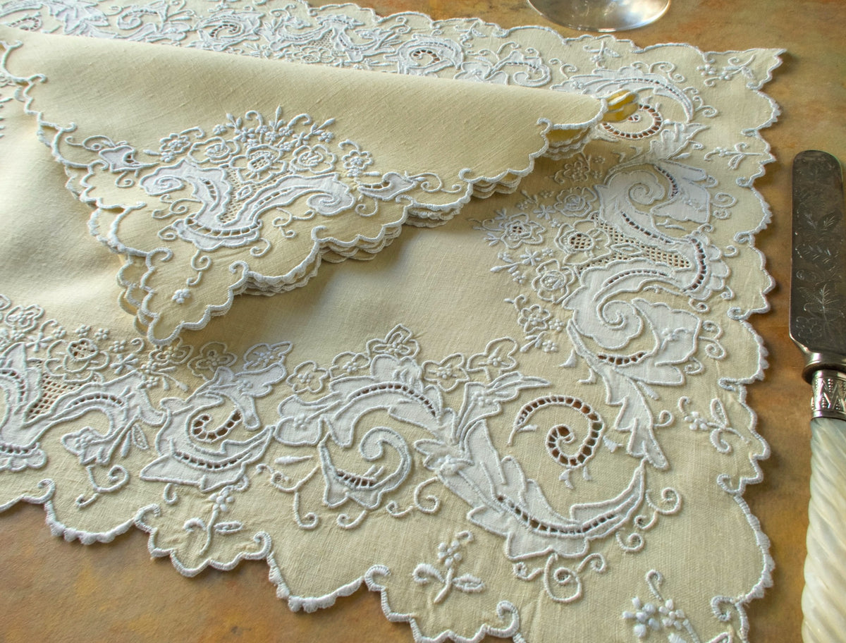 Densely Embroidered Vintage Madeira 17pc Placemat Set for 8