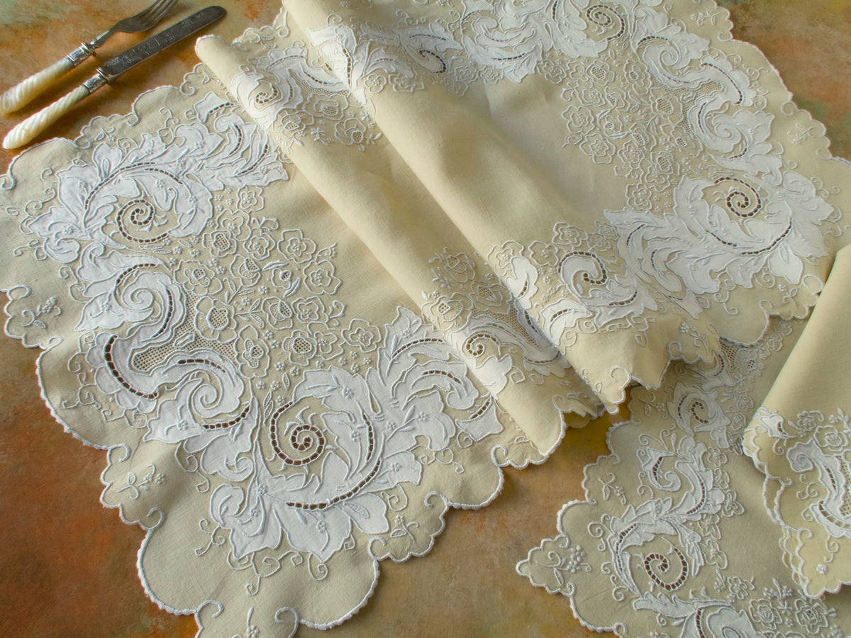 Densely Embroidered Vintage Madeira 17pc Placemat Set for 8