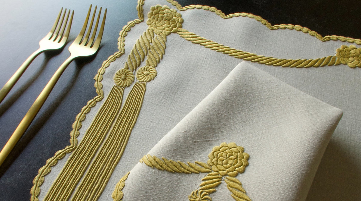 Marghab vintage Cord & Tassel placemat and napkin, hand embroidered in Madeira