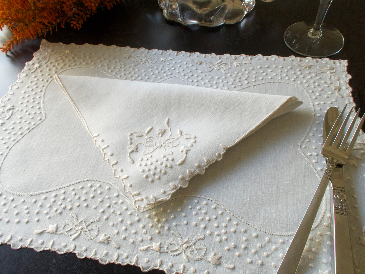 Pretty Dots Vintage Hand Embroidered 16pc Placemat Set for 8