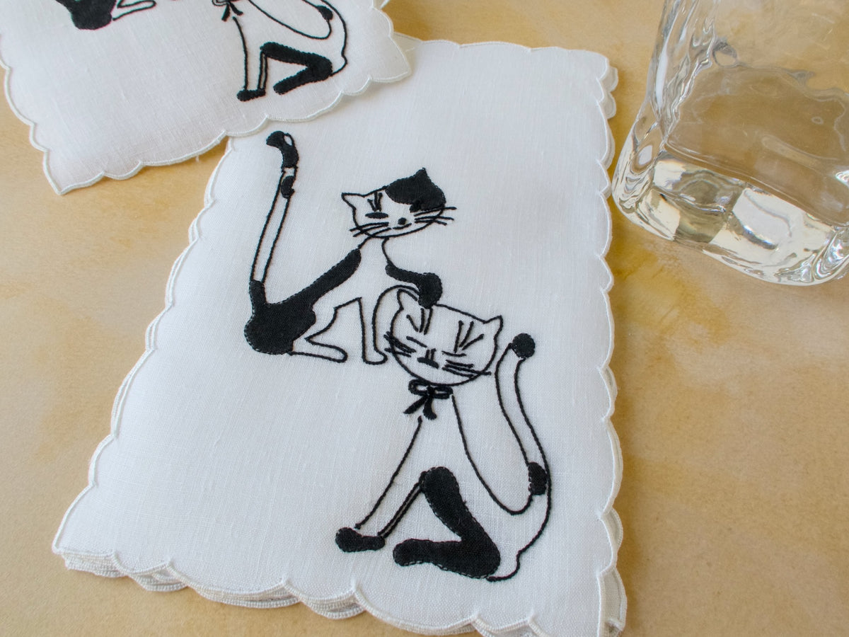 Cats in Black &amp; White Vintage Madeira Cocktail Napkins, Set of 8