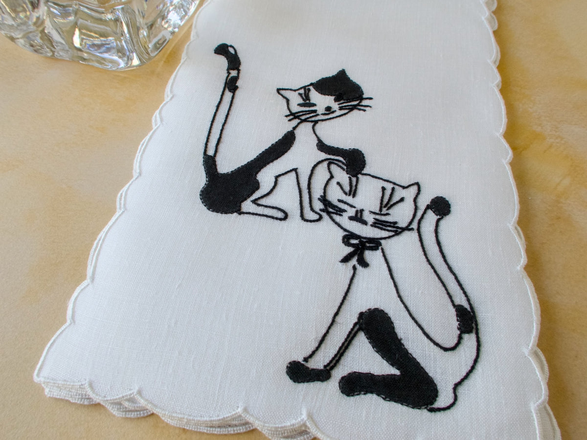 Cats in Black &amp; White Vintage Madeira Cocktail Napkins, Set of 8