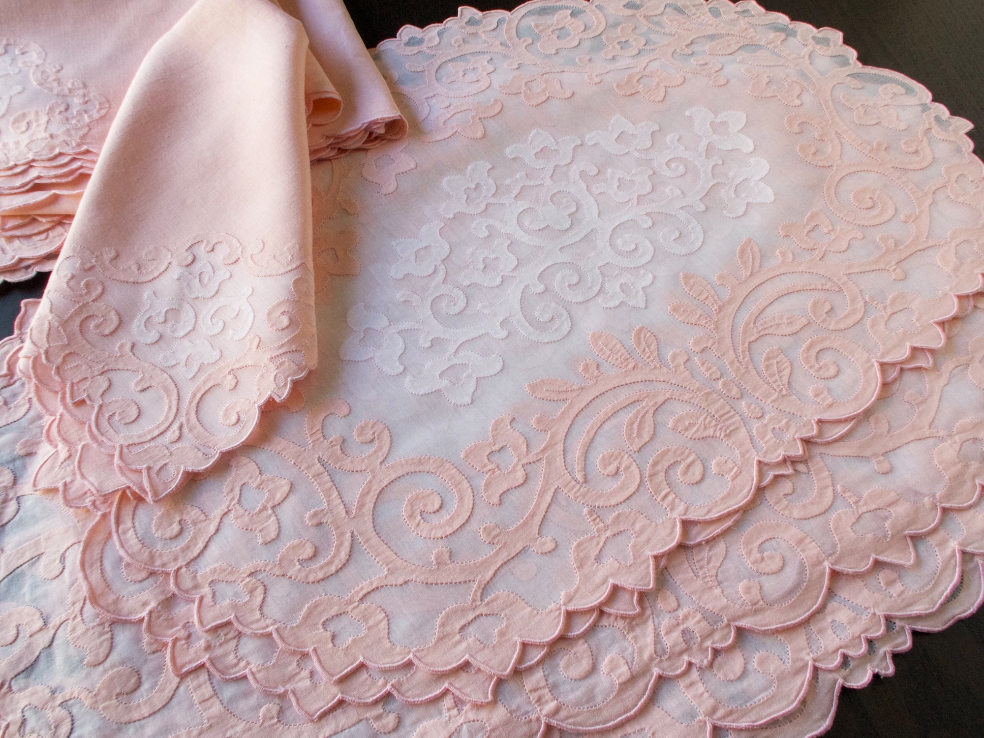 Pink Arabesques Vintage Hand Embroidered 16pc Placemat Set for 8