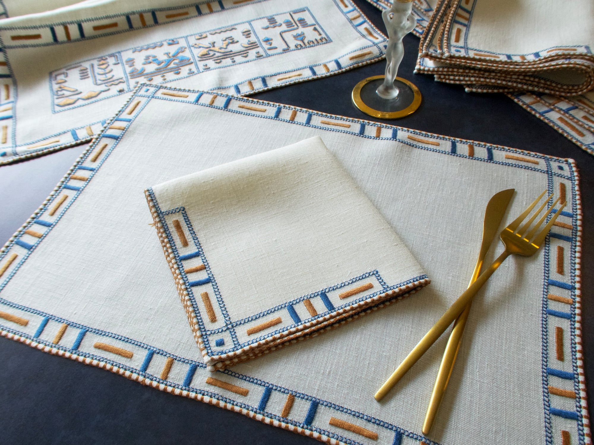 Egyptophile Vintage Italian Embroidered Linen 13pc Placemat Set for 6