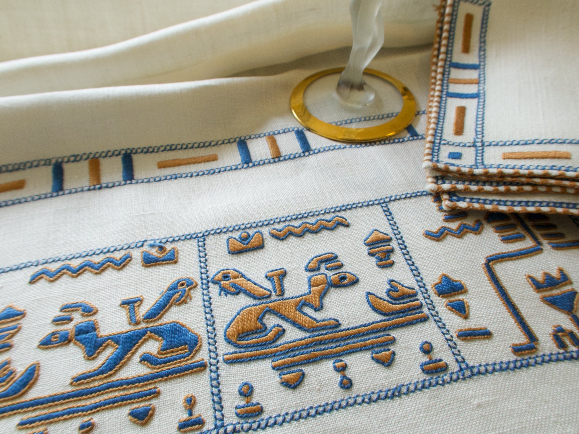 Egyptophile Vintage Italian Embroidered Linen 13pc Placemat Set for 6