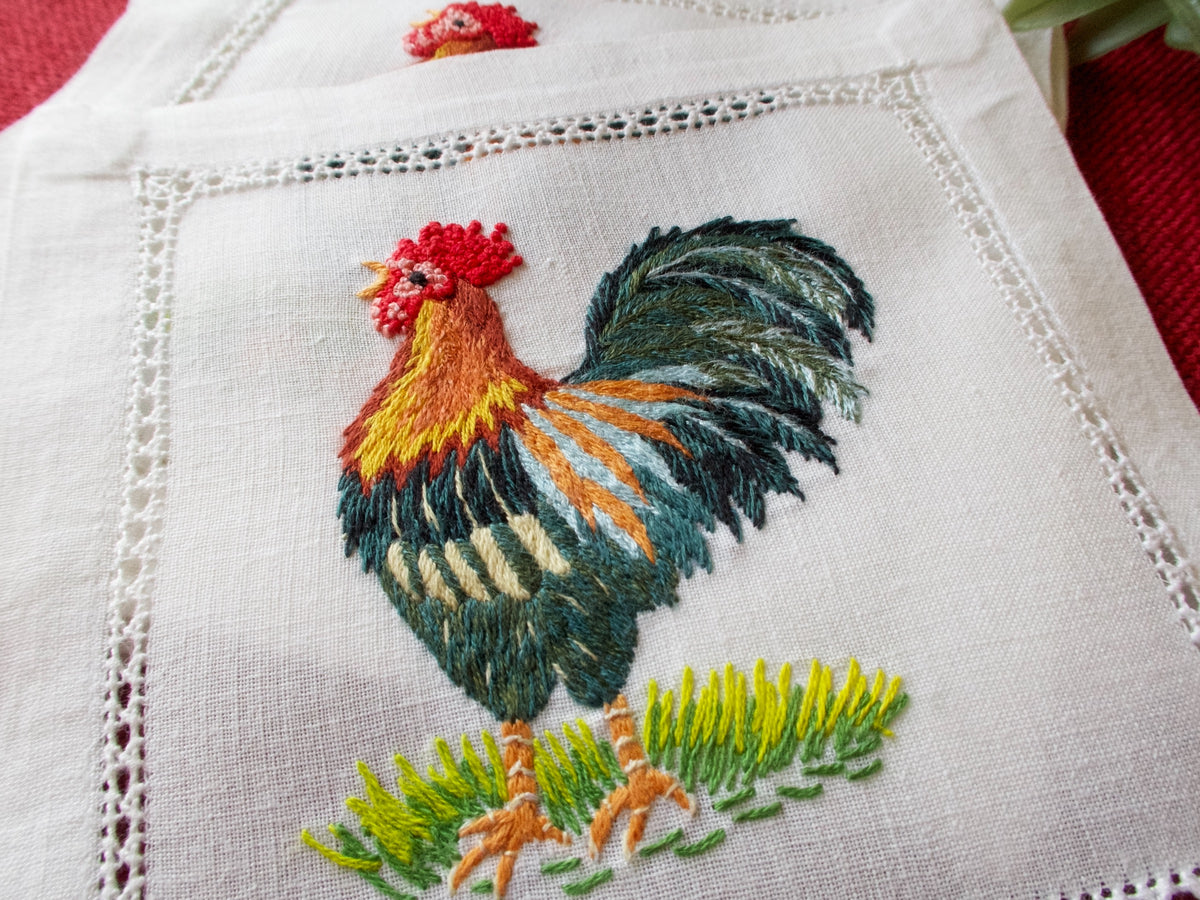 Cocktail Rooster Vintage Hand Embroidered Cocktail Napkins, Set of 8