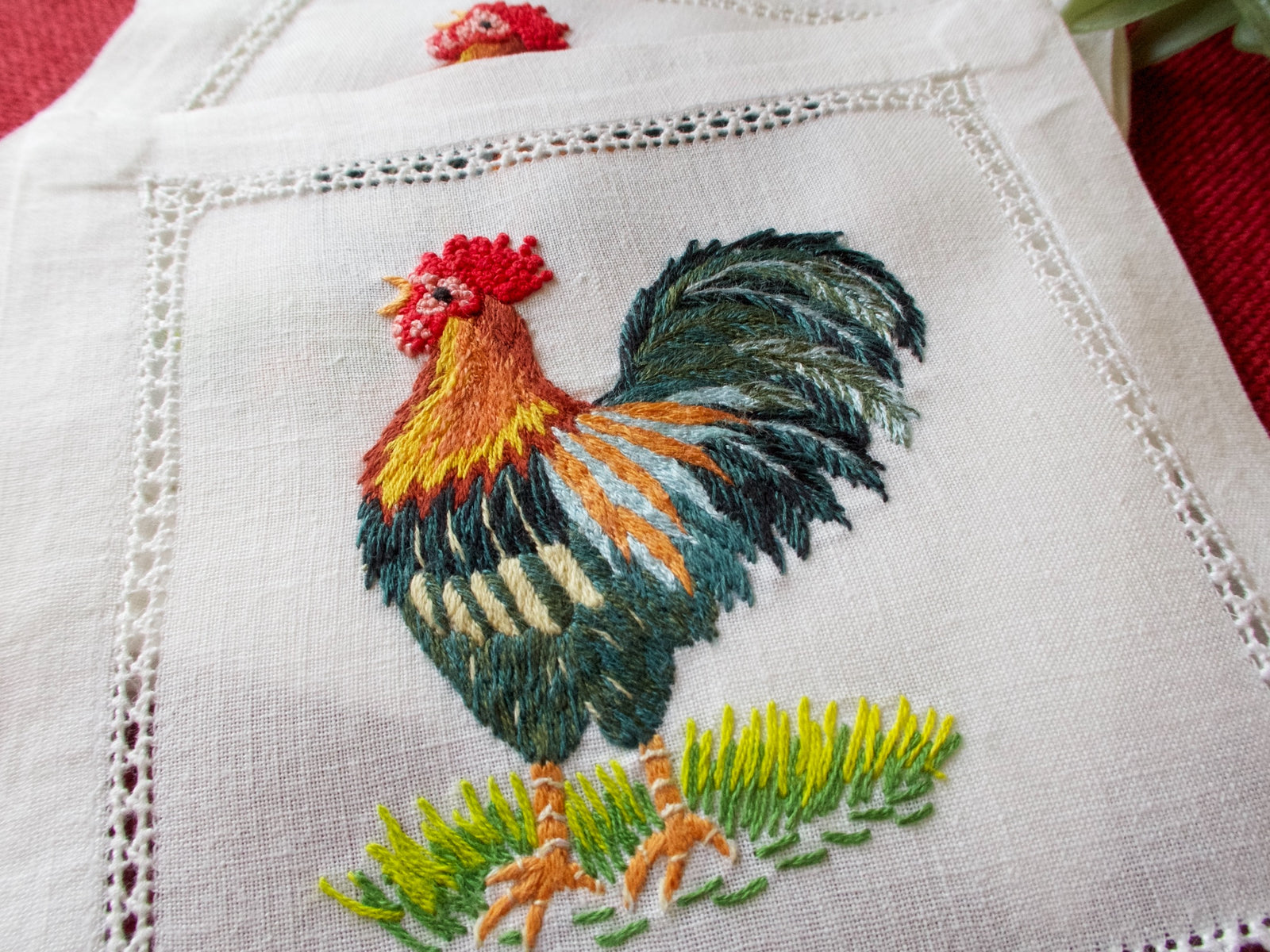 Cocktail Rooster Vintage Hand Embroidered Cocktail Napkins, Set of 8