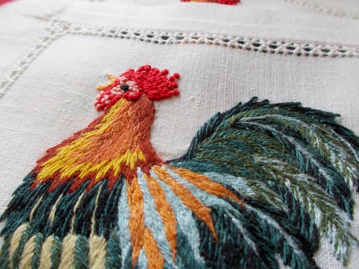 Cocktail Rooster Vintage Hand Embroidered Cocktail Napkins, Set of 8