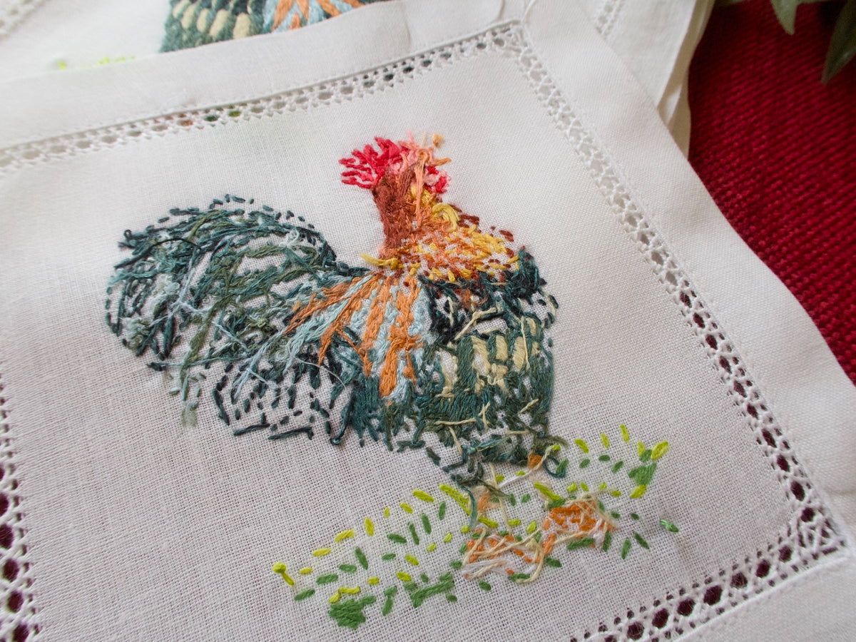 Cocktail Rooster Vintage Hand Embroidered Cocktail Napkins, Set of 8