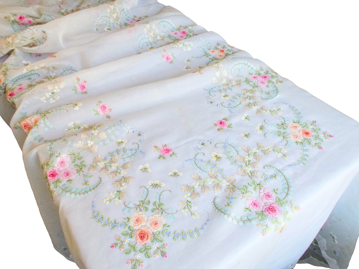 Roses Elaborately Hand Embroidered Vintage Organdy Tablecloth 66x118