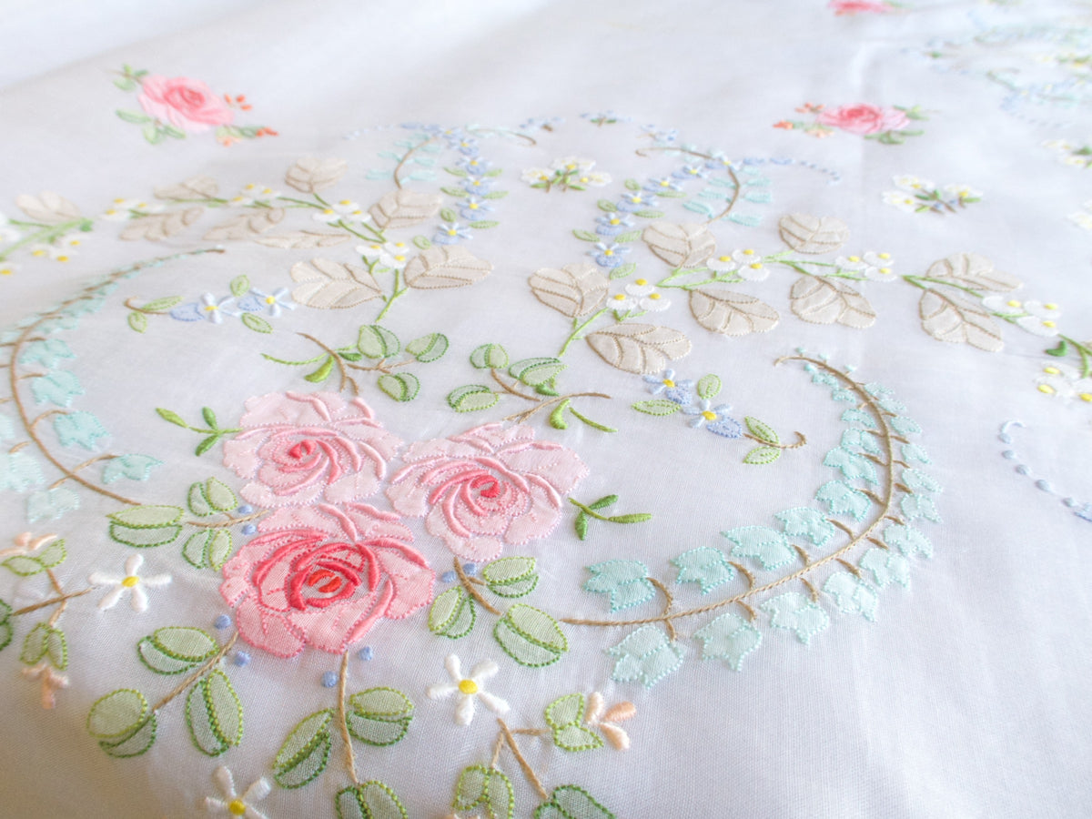 Roses Elaborately Hand Embroidered Vintage Organdy Tablecloth 66x118