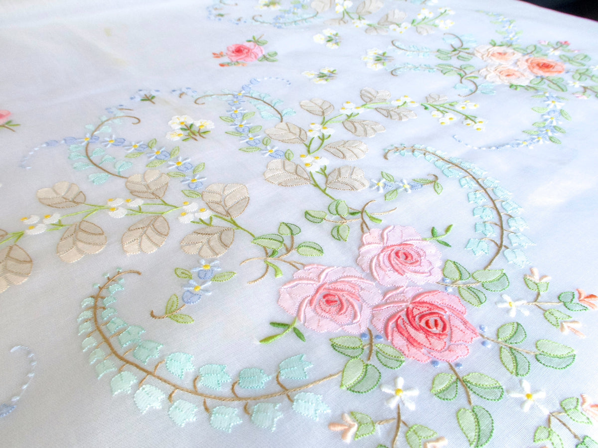 Roses Elaborately Hand Embroidered Vintage Organdy Tablecloth 66x118