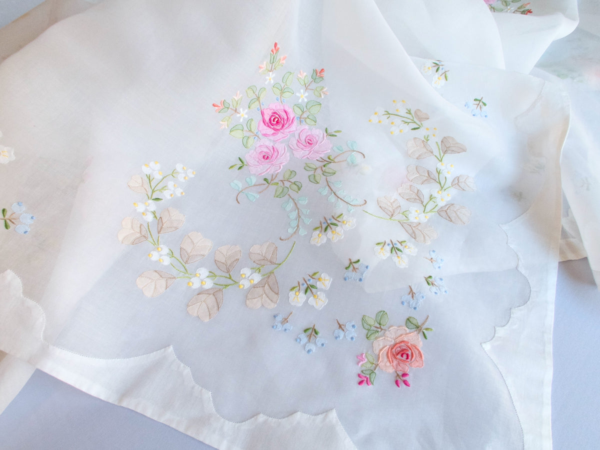 Roses Elaborately Hand Embroidered Vintage Organdy Tablecloth 66x118