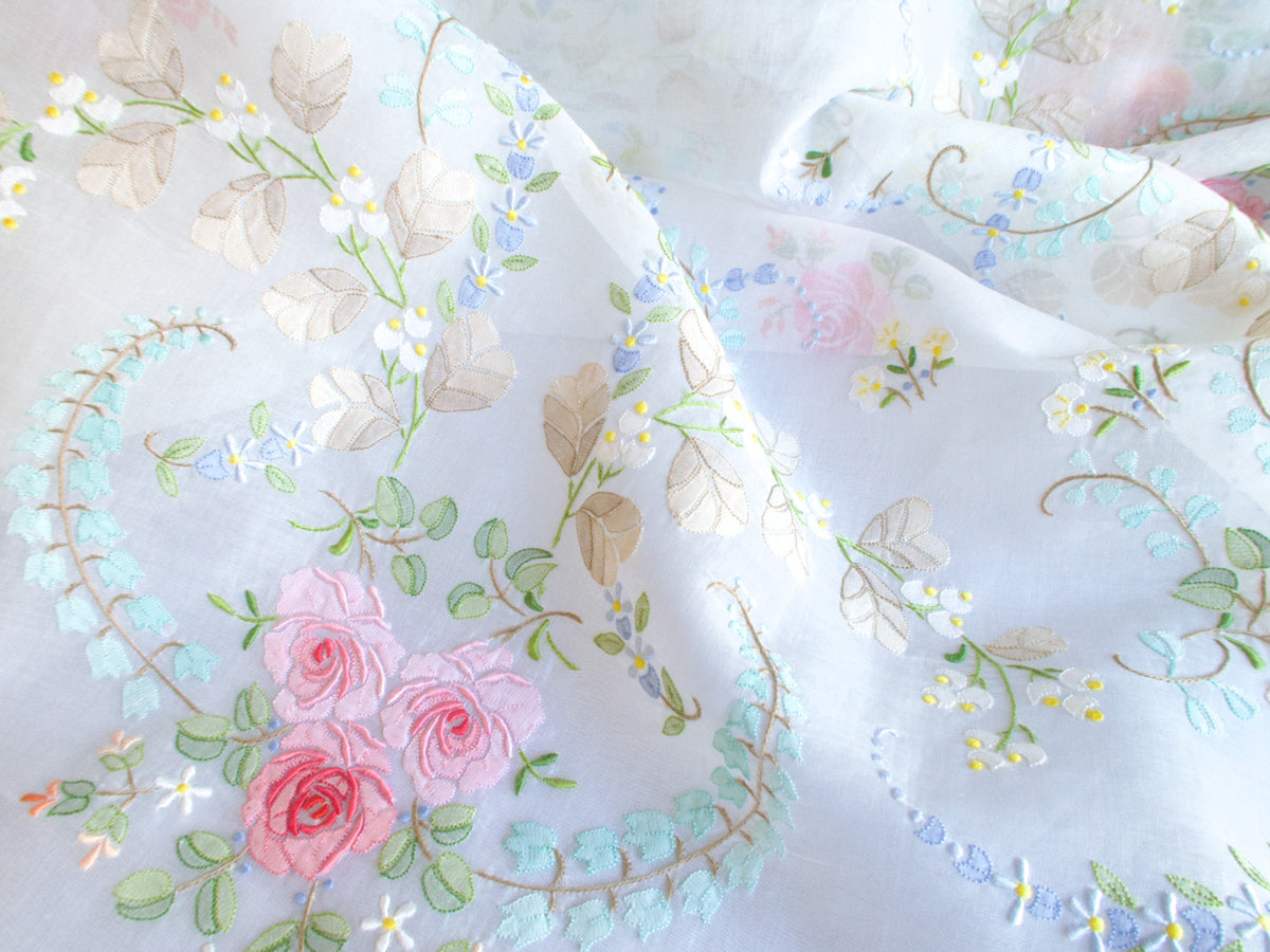 Roses Elaborately Hand Embroidered Vintage Organdy Tablecloth 66x118