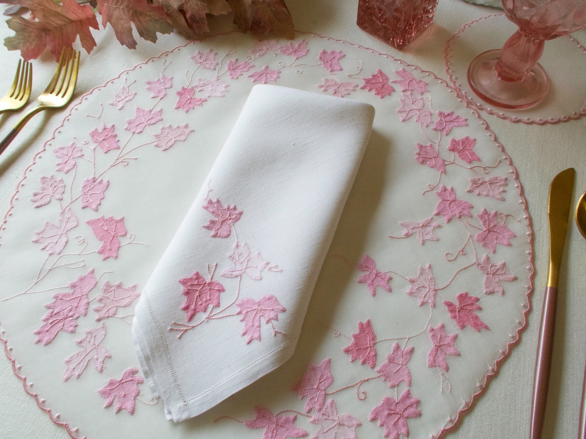 Pink Leaves Vintage Hand Embroidered 36pc Placemat Set for 12