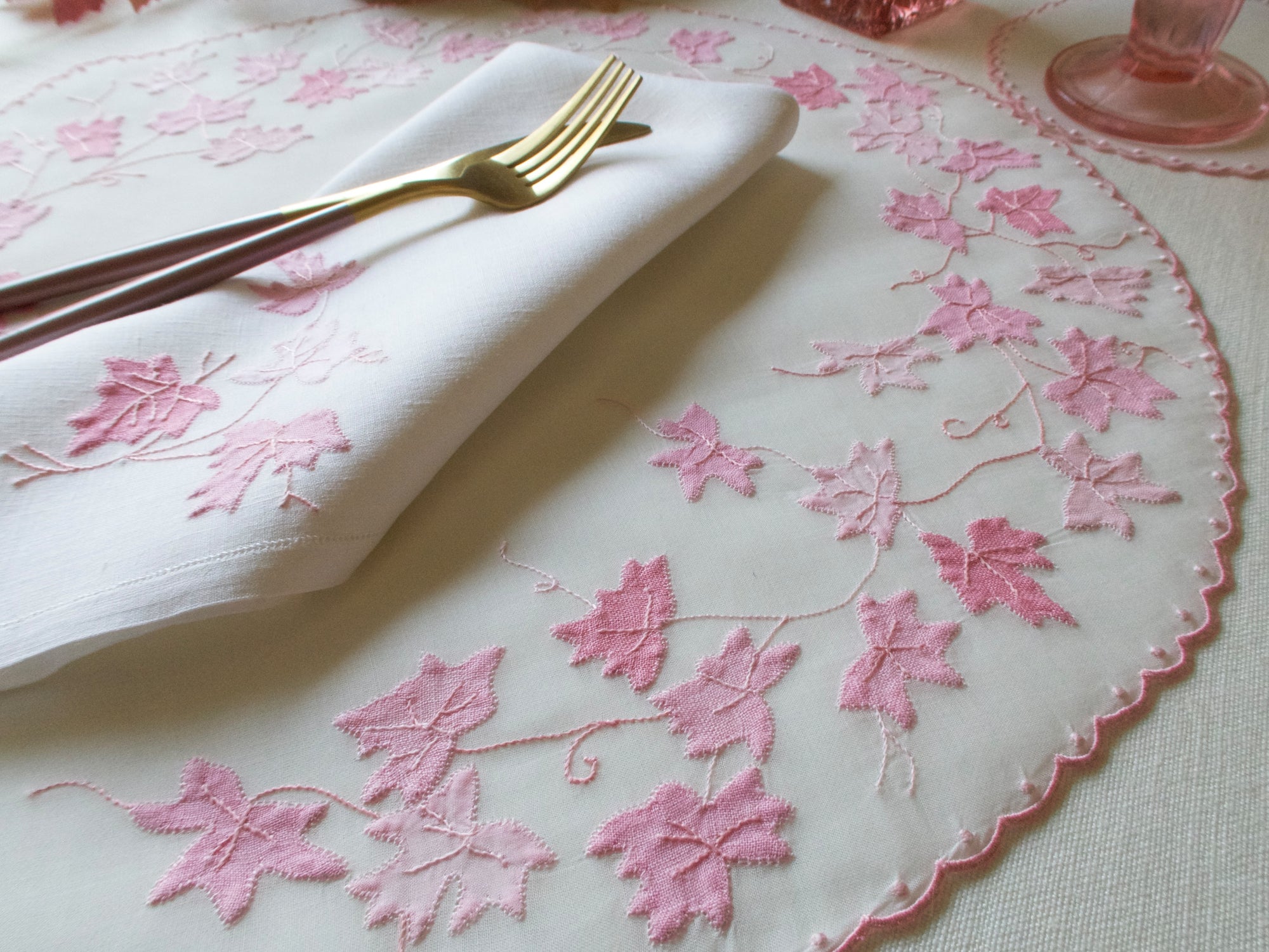 Pink Leaves Vintage Hand Embroidered 36pc Placemat Set for 12