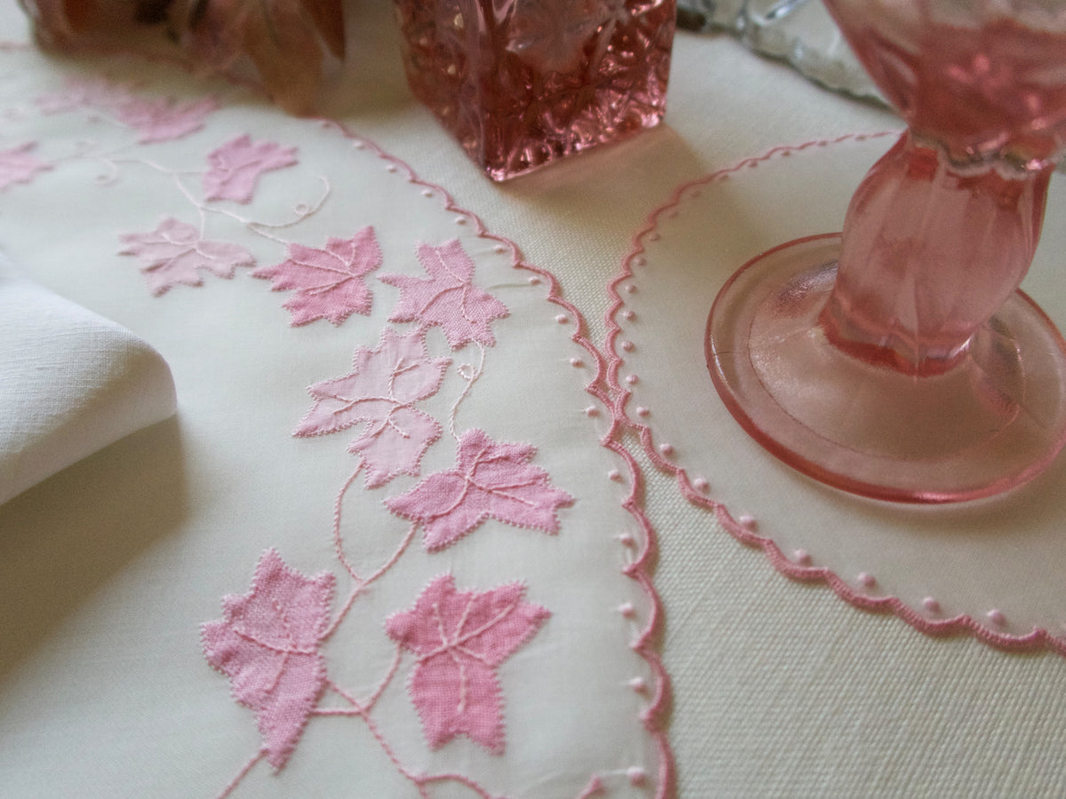 Pink Leaves Vintage Hand Embroidered 36pc Placemat Set for 12