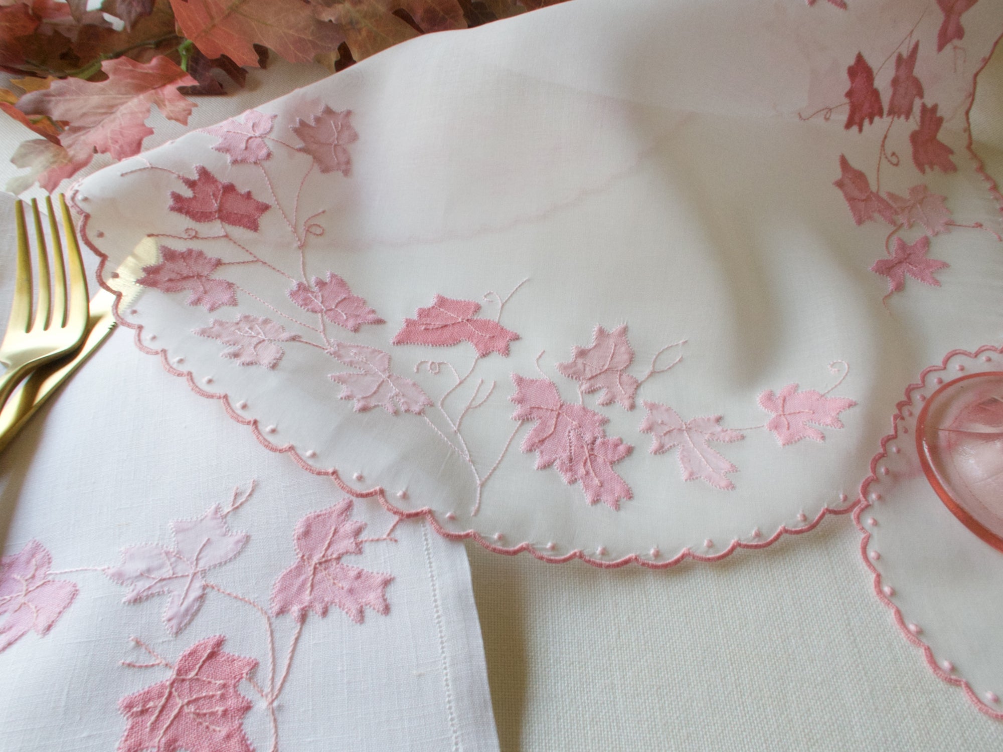 Pink Leaves Vintage Hand Embroidered 36pc Placemat Set for 12