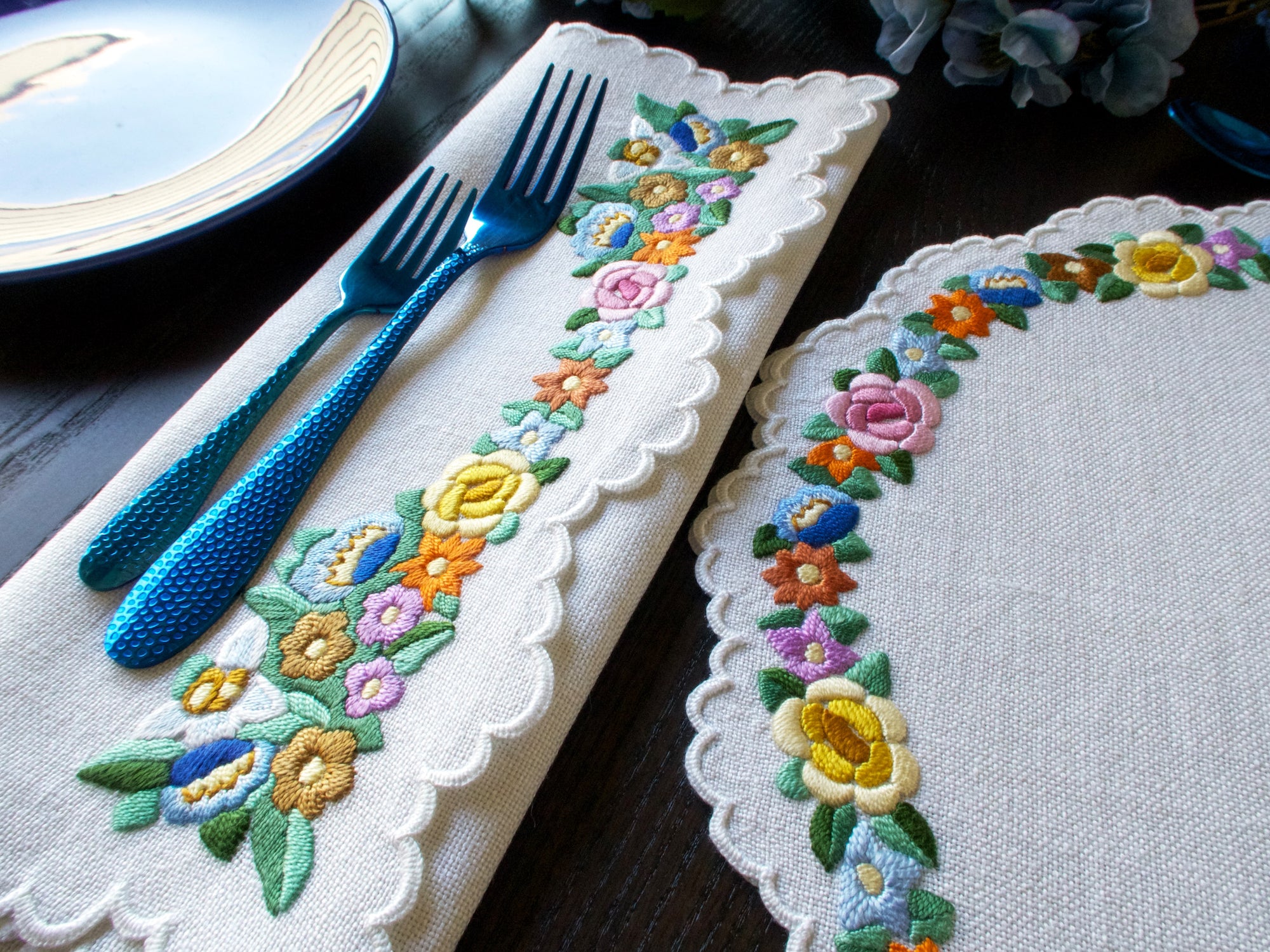 Colorful Vintage Densely Hand Embroidered 24pc Placemat Set for 12