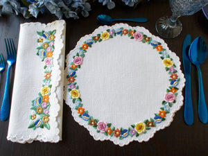 Colorful Vintage Densely Hand Embroidered 24pc Placemat Set for 12