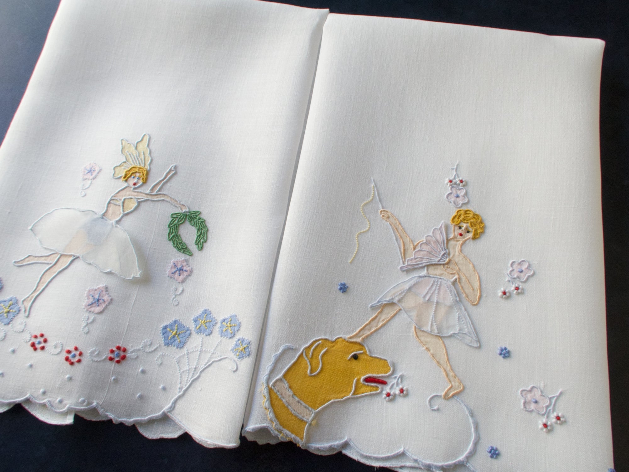 Fairies & Dog Vintage Madeira Linen Guest Towels, Set of 2