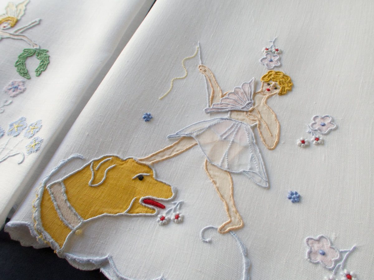 Fairies &amp; Dog Vintage Madeira Linen Guest Towels, Set of 2