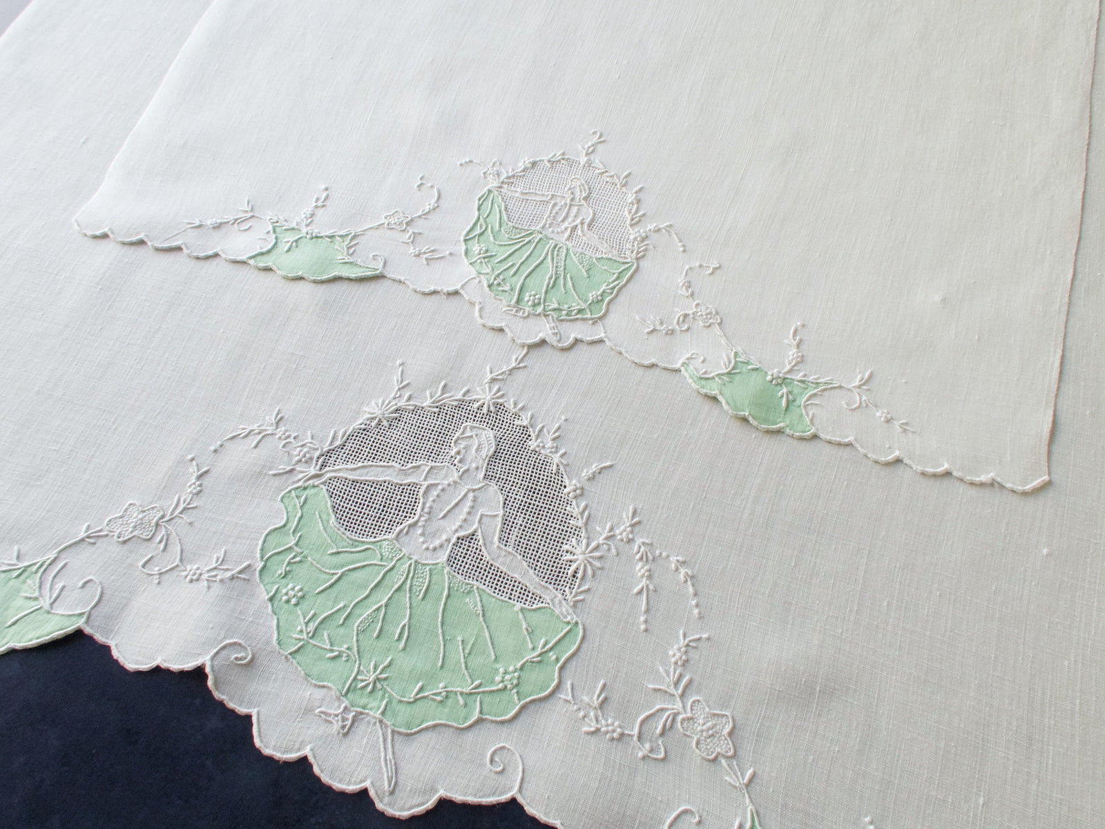 Dancer in Green Skirt Vintage Madeira Linen Guest Towels, Set of 2