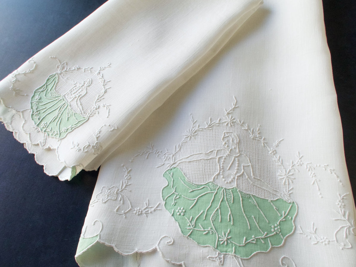 Dancer in Green Skirt Vintage Madeira Linen Guest Towels, Set of 2
