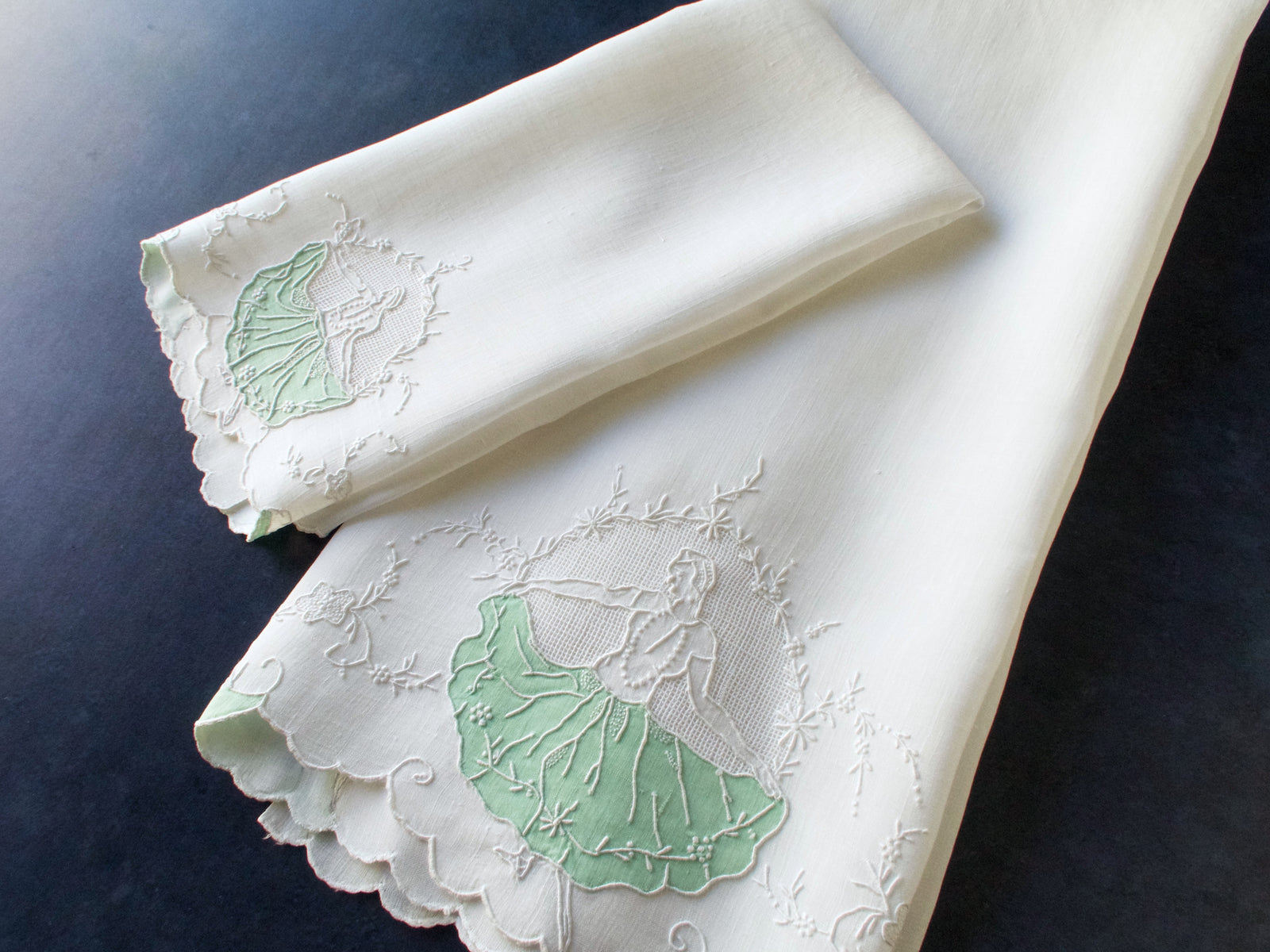 Dancer in Green Skirt Vintage Madeira Linen Guest Towels, Set of 2