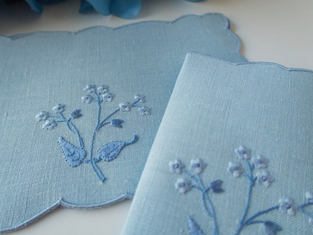 Flowers on Blue Vintage Madeira Linen Cocktail Napkins, Set of 4