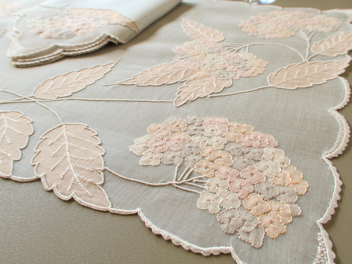Vintage Marghab “Hydrangea” placemat and napkin set, hand embroidered in Madeira on fine organdy and linen, featuring intricate hydrangea blossoms in soft shades of cream and beige.