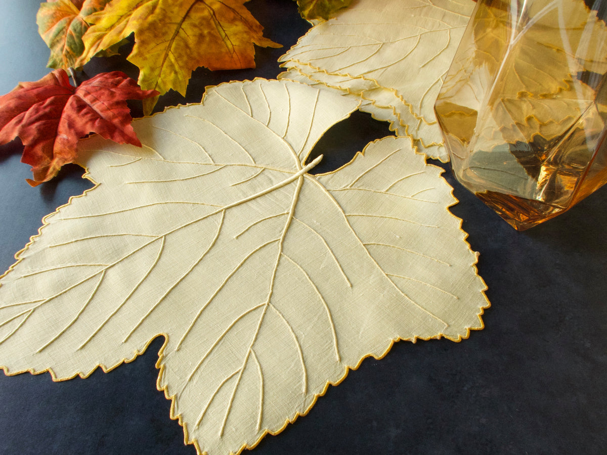 Yellow Linen Leaves Vintage Madeira Oversized Cocktail Napkins, Set of 4