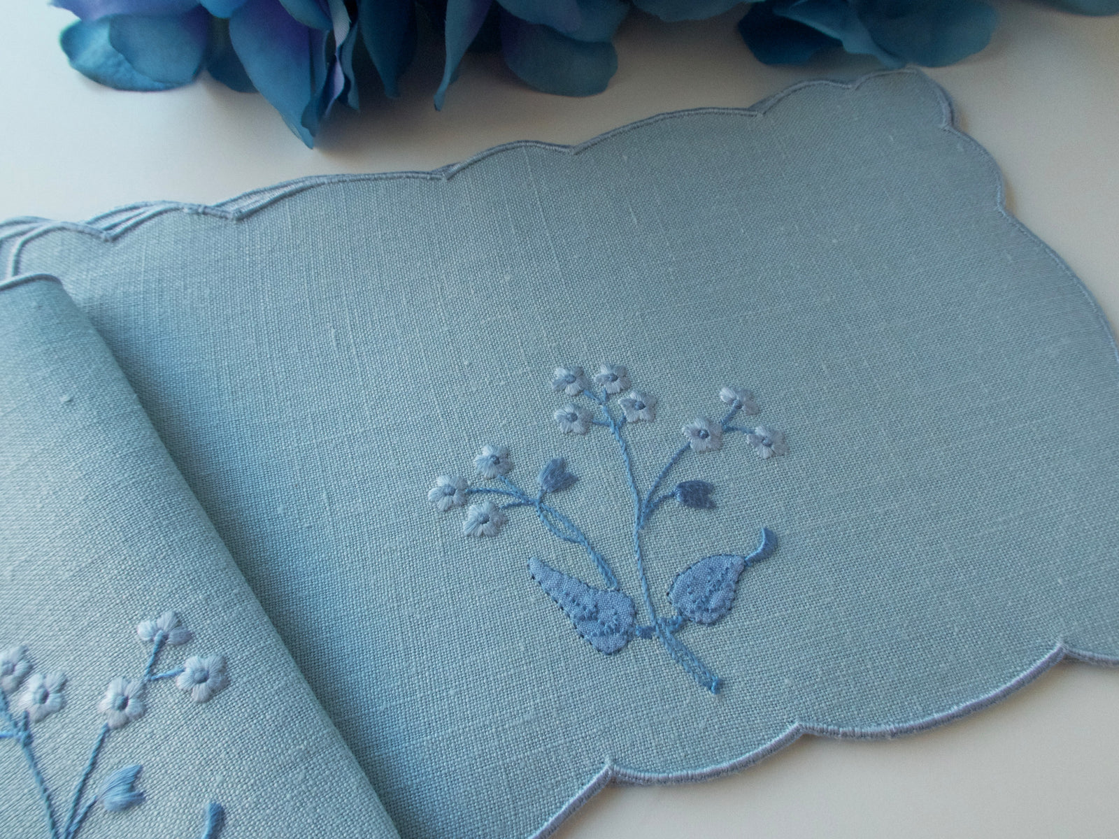 Flowers on Blue Vintage Madeira Linen Cocktail Napkins, Set of 4
