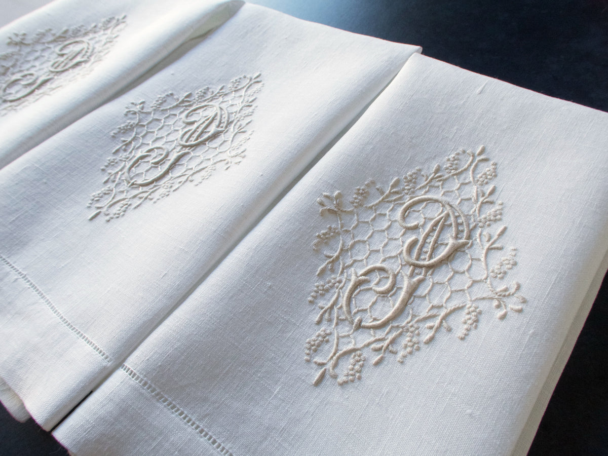 &quot;P&quot; Monogram Vintage Embroidered Linen Guest Towels, Set of 3
