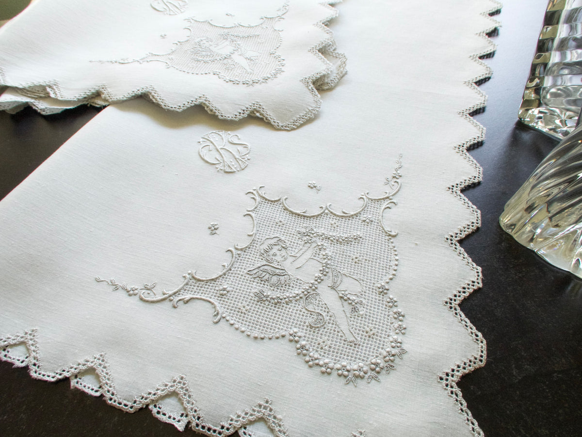 Cherubs Appenzell Embroidery Antique Dinner Napkins, Set of 12