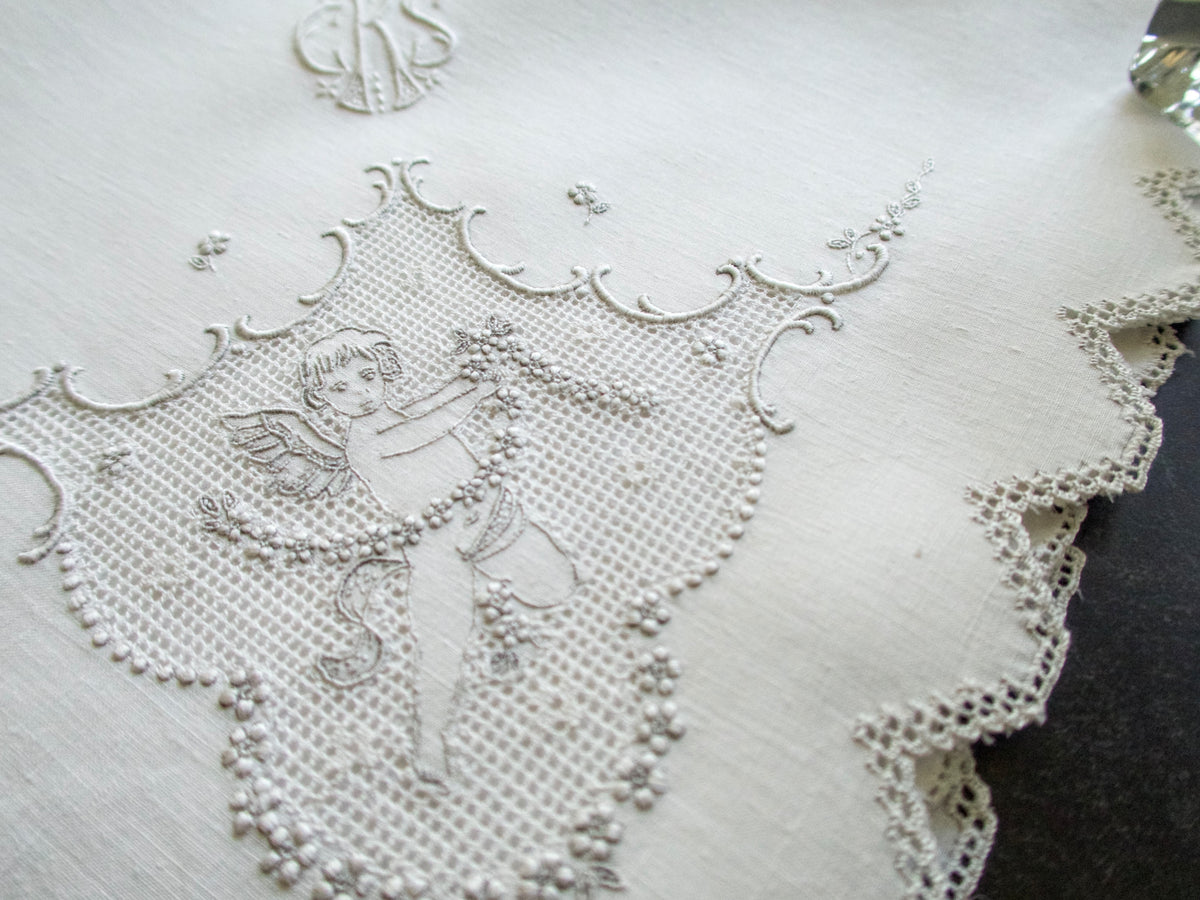 Cherubs Appenzell Embroidery Antique Dinner Napkins, Set of 12