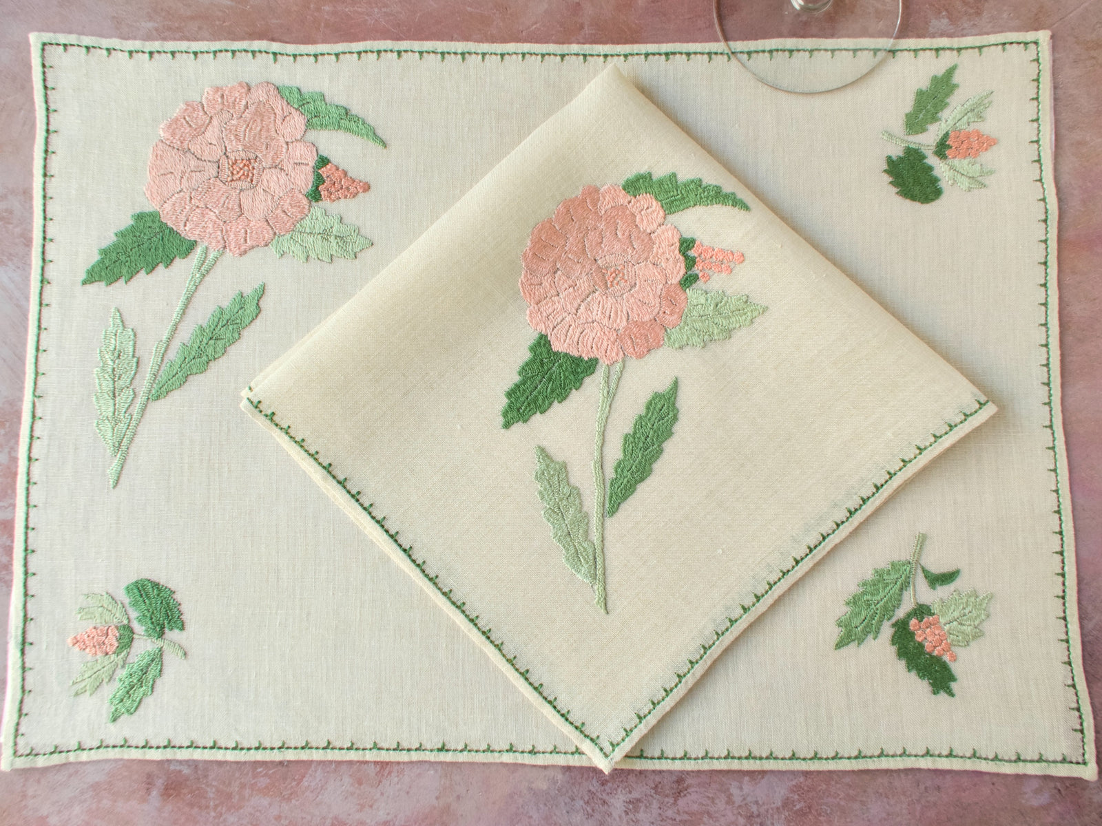 Baroness Rapisardi hydrangea placemat and matching napkin set for eight on semi sheer Italian linen