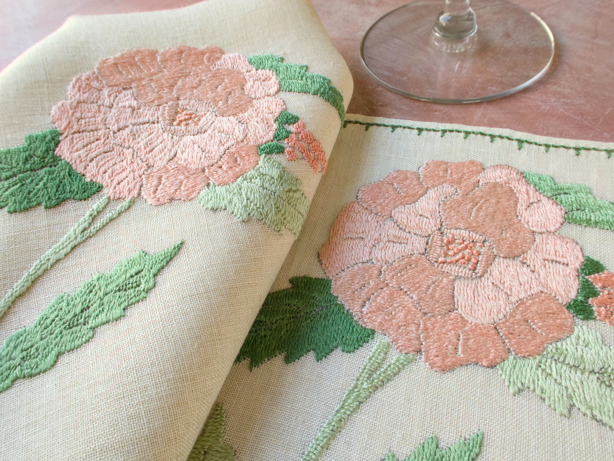 Vintage Baroness Rapisardi pink hydrangea placemats hand embroidered on natural flax semi sheer linen