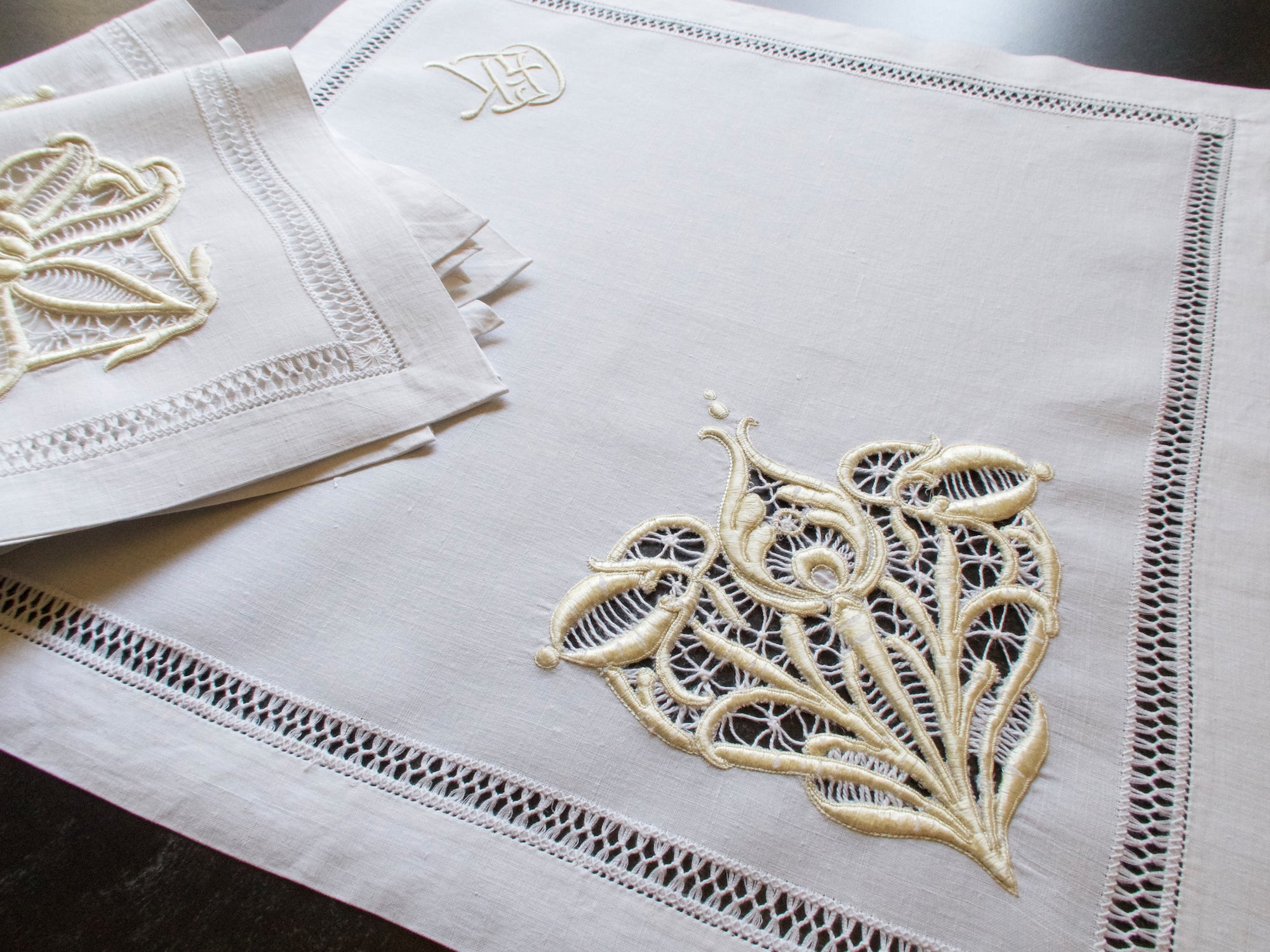 Vintage Linen Elaborate Gold Embroidery Dinner Napkins, Set of 8