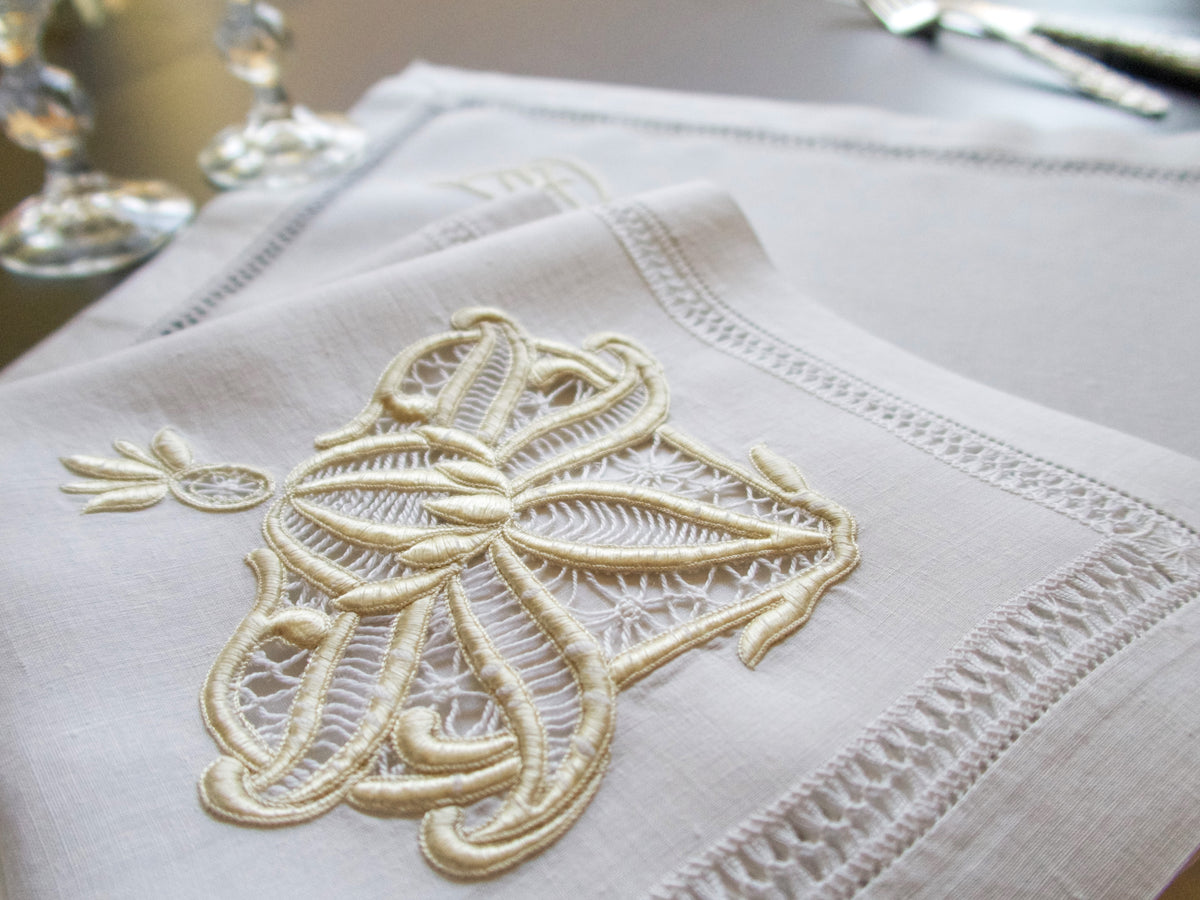 Vintage Linen Elaborate Gold Embroidery Dinner Napkins, Set of 8