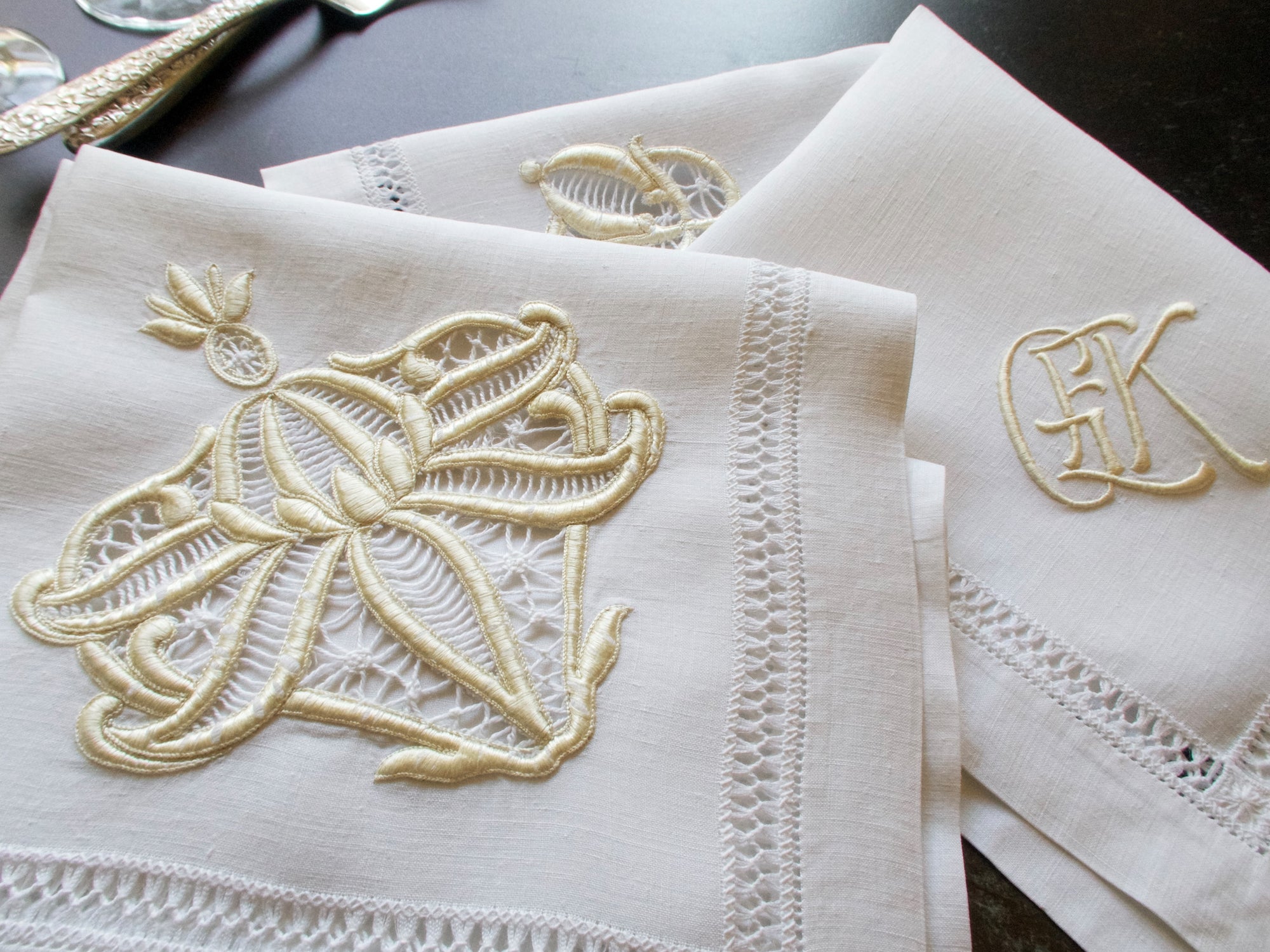 Vintage Linen Elaborate Gold Embroidery Dinner Napkins, Set of 8