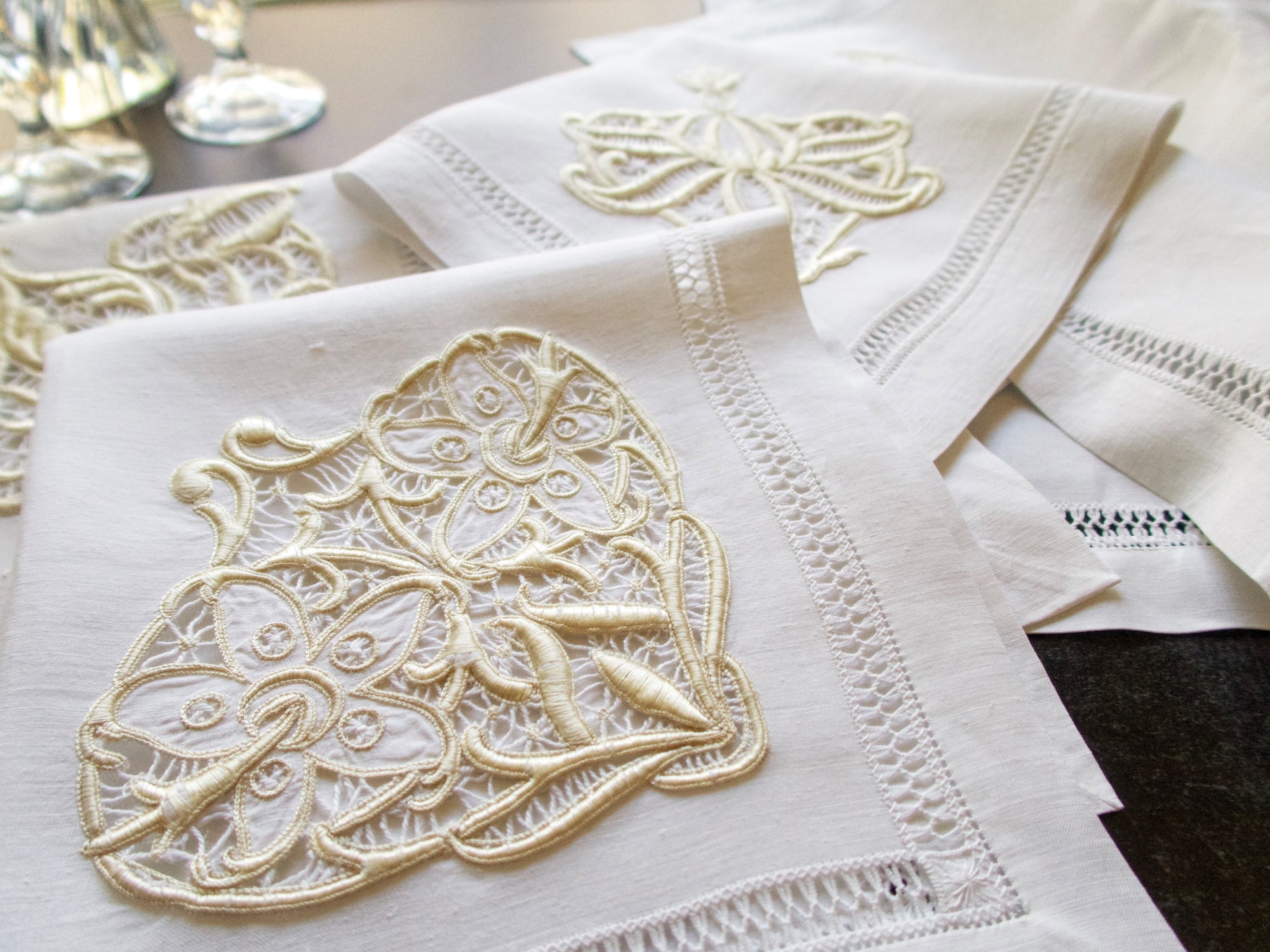 Vintage Linen Elaborate Gold Embroidery Dinner Napkins, Set of 8