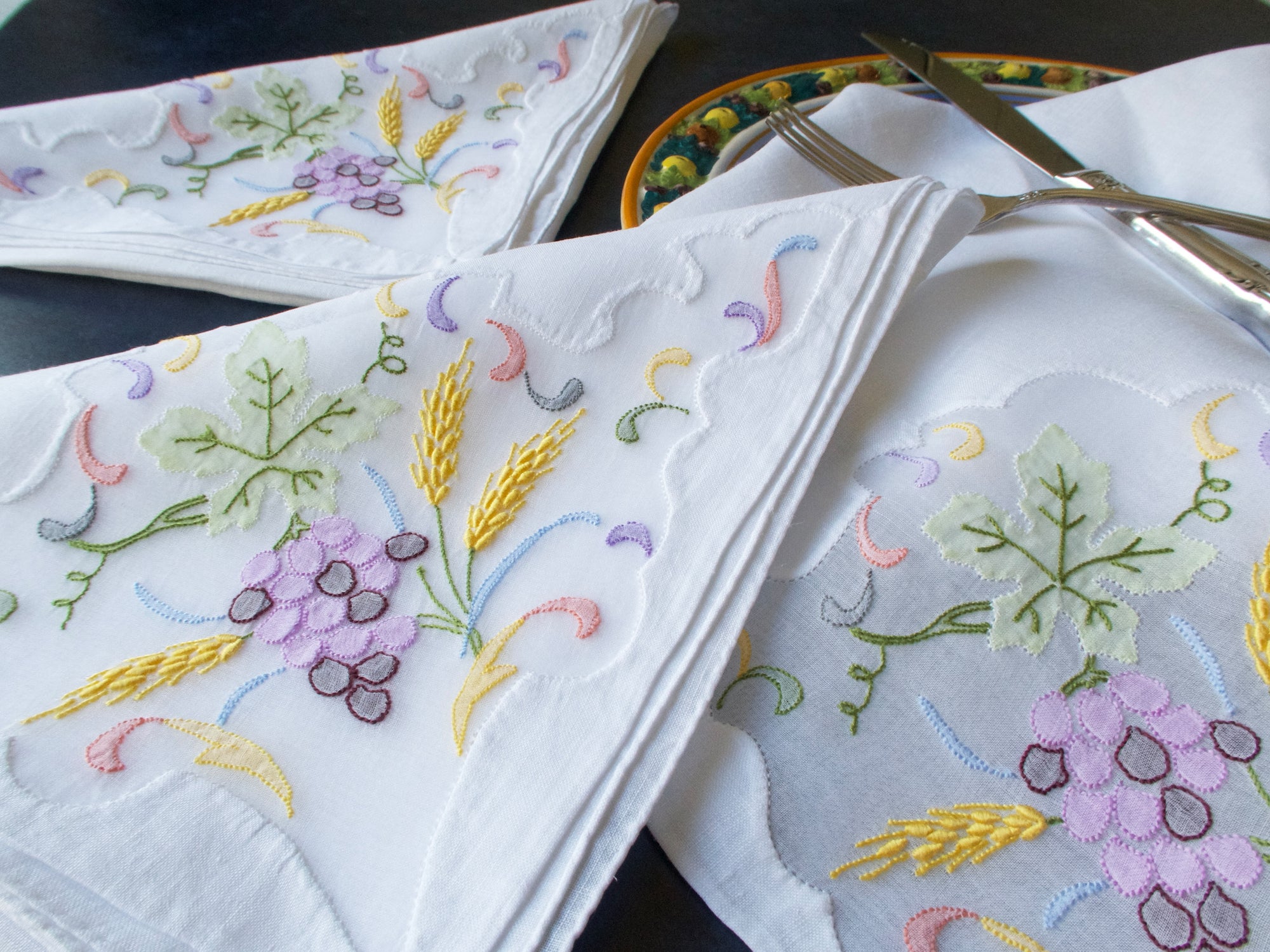 Grapes and Wheat Vintage Embroidered Dinner Napkins, Set of 12