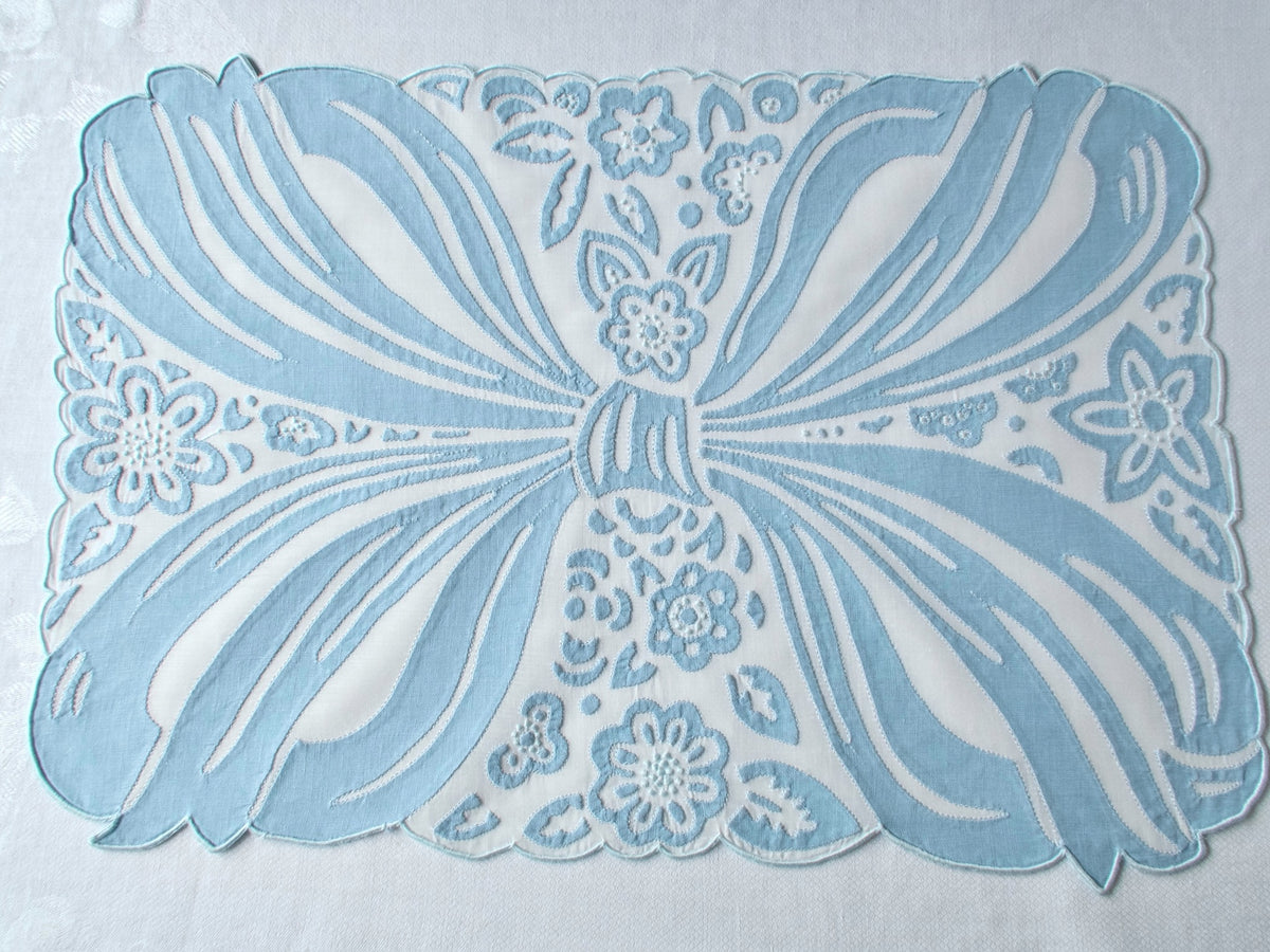 Ornate Blue Bow Vintage Madeira 16pc Placemat Set for 8