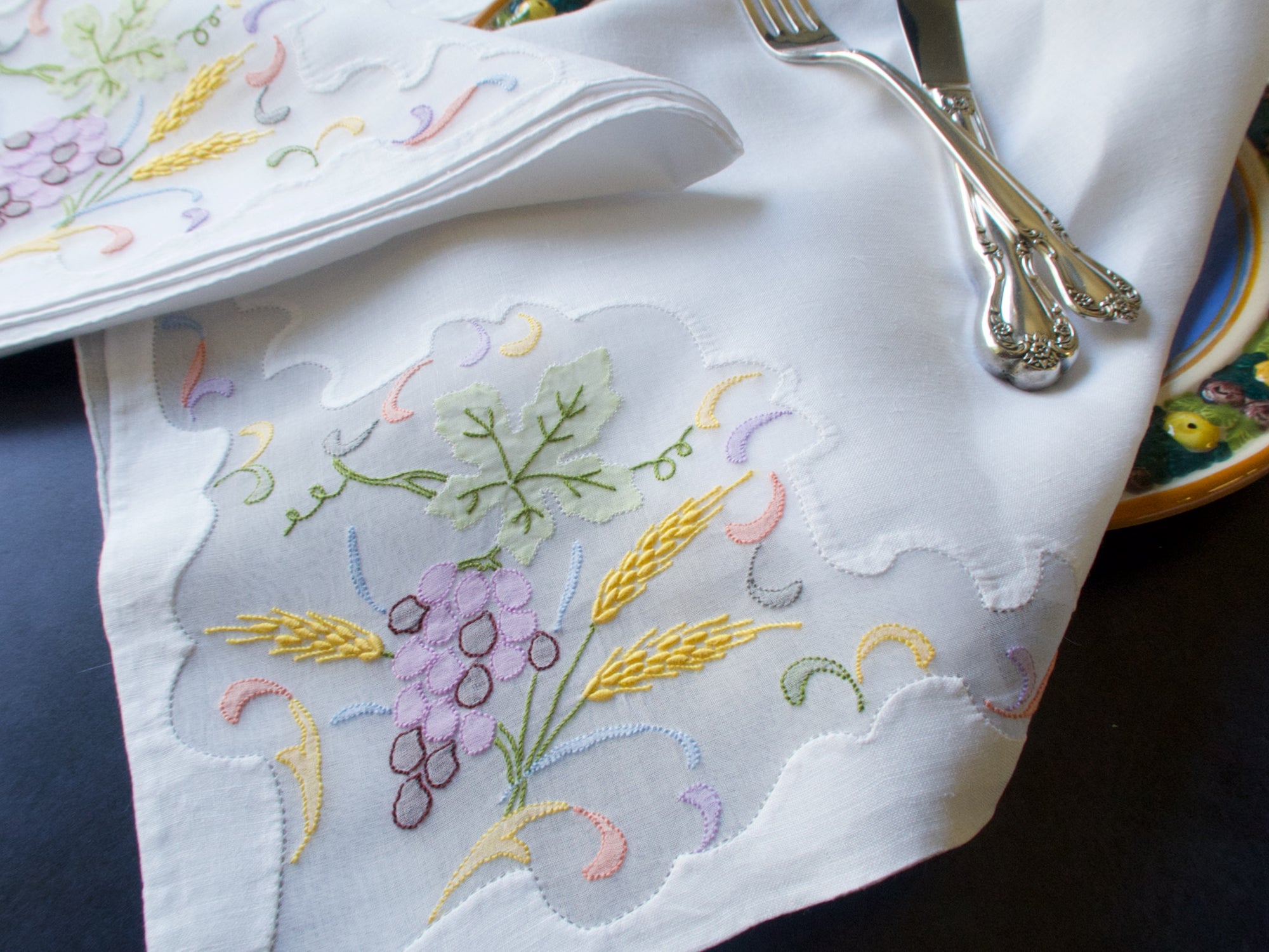 Grapes and Wheat Vintage Embroidered Dinner Napkins, Set of 12