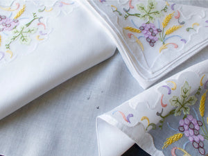 Grapes and Wheat Vintage Embroidered Dinner Napkins, Set of 12