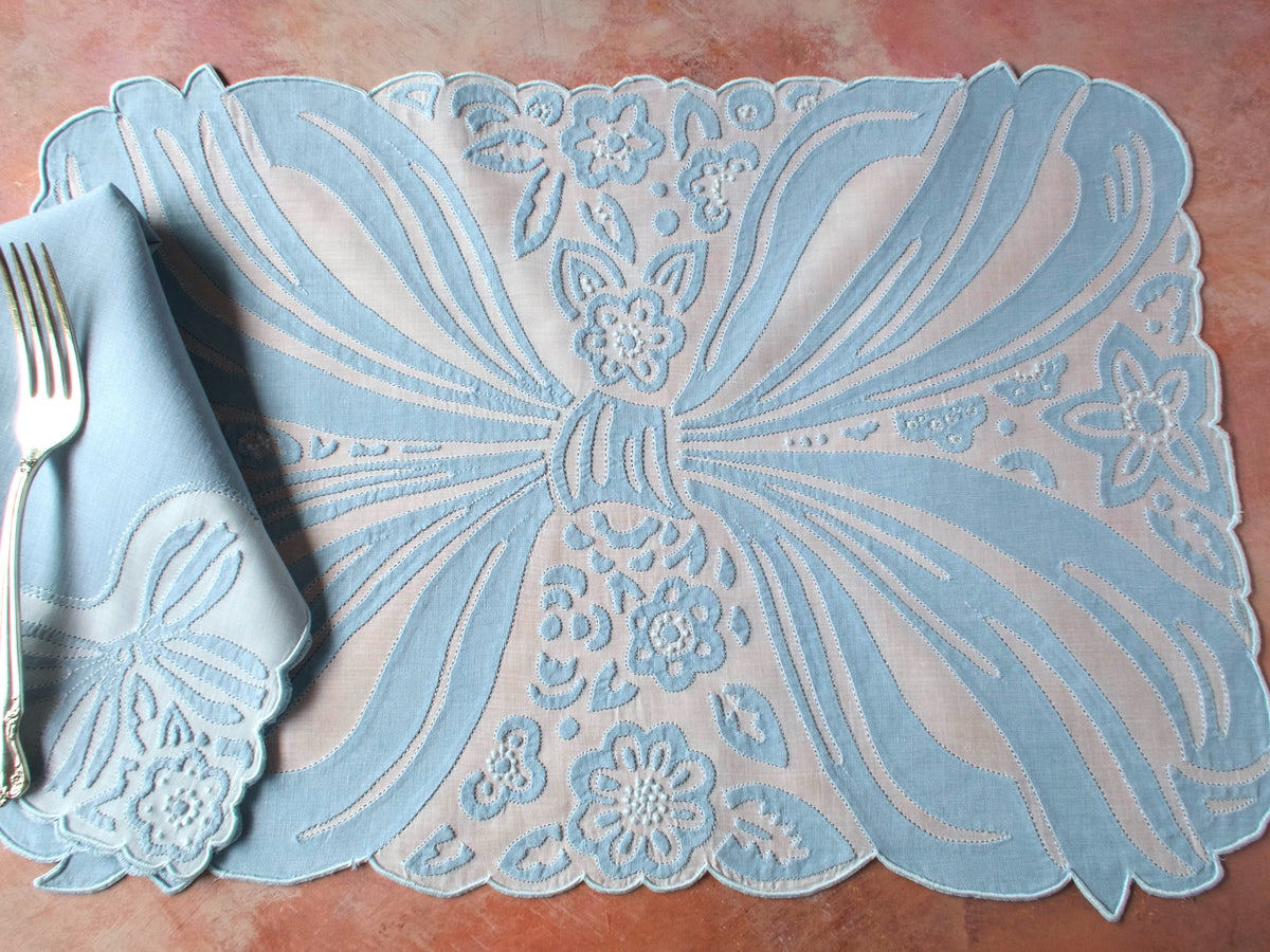 Ornate Blue Bow Vintage Madeira 16pc Placemat Set for 8
