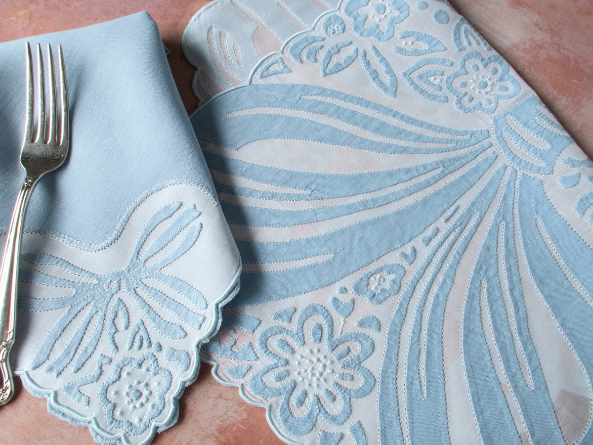 Ornate Blue Bow Vintage Madeira 16pc Placemat Set for 8