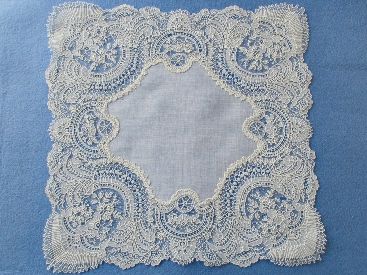 Gorgeous &amp; Lush Antique Point de Gaze Lace Handkerchief 13&quot;